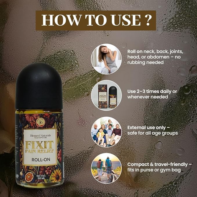 Blessed Naturals Fixit Pain Roll | Ayurvedic Roll-On for Muscle and Joint Pain Relief (50 ml)